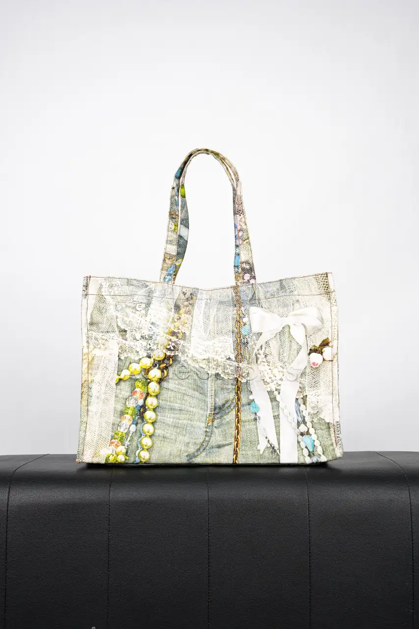 ACNE 25FW 蕾丝珍珠印花牛仔托特包